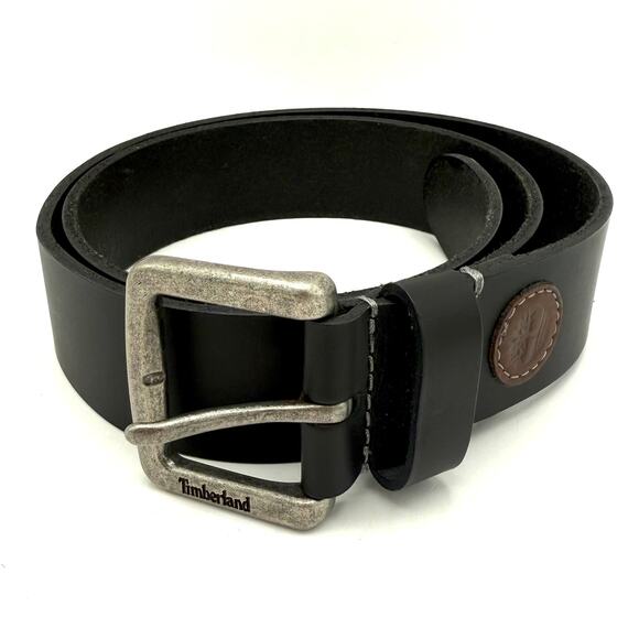 Timberland Men’s Black Leather Belt Size 36 Logo Patch Distressed Buckle - Picture 3 of 8